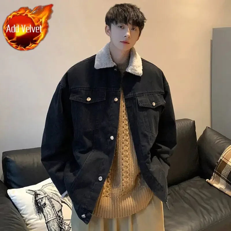 Winter 2025 Cowboy Coat for Men Vintage Warm Denim Jackets Man Padded Sherpa Loose Elatic Japanese Retro Outwear High Quality