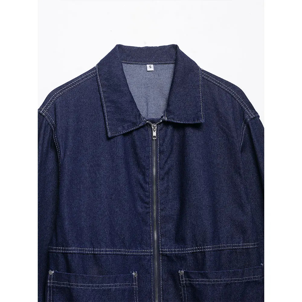 DUOPERI Women‘s Blue Denim Jacket with Pockets Cuff Overlap Casual Lapel Neck Long Sleeves Female Chic Elegance Mujer Outerwear