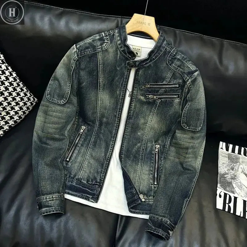 Autumn and Spring New Fashion Trend Vintage American Motorcycle Denim Jacket Men's Loose Sports Plus Size High Quality Outerwear HALALZEN