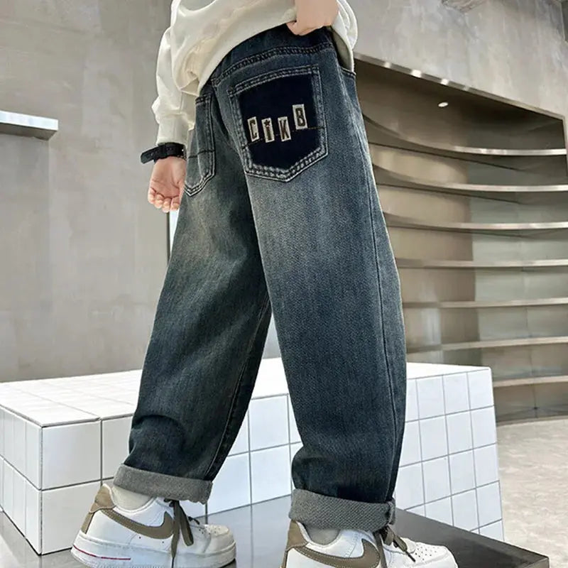 Boys Warm Plush Jeans Autumn Winter Straight Loose Fit Casual Trousers Kids Fashion Streetwear Denim Pants 5-14 Years HALALZEN