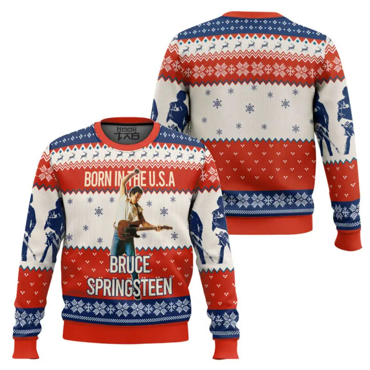 Bruce Springsteen Christmas Hat Guitarist Ugly Sweater American Rock Christmas Outfit Festive Atmosphere Round Neck Pullover Top