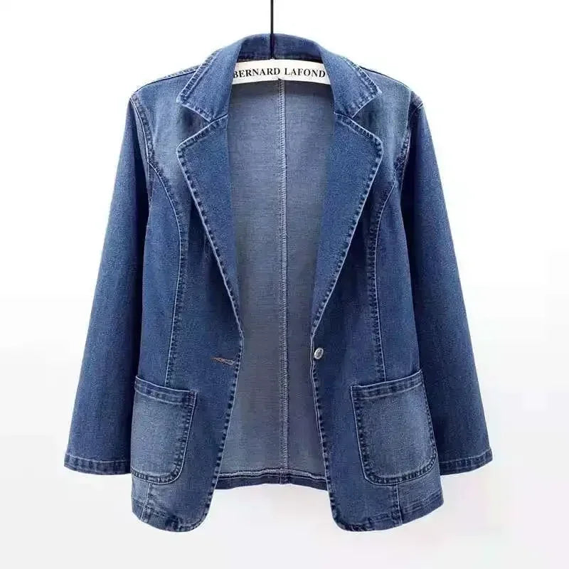 2023-ERFRE Spring Denim Suit Jacket Femme Long-Sleeve One Button Vintage Autumn Jeans Blazer Women Outerwear Cardigan Clothing