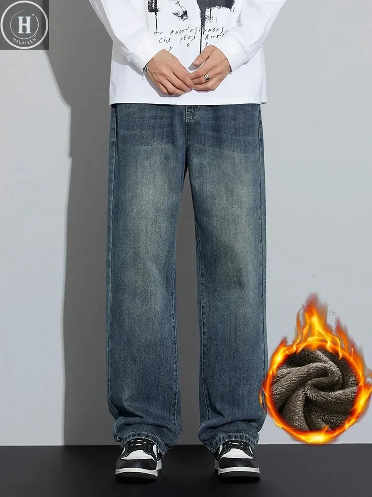 High Quality Winter Fleece Wide Legs Men's Jeans Warm Thickened Velvet Loose Straight Casual Denim Pants Korean Fashion Trousers HALALZEN