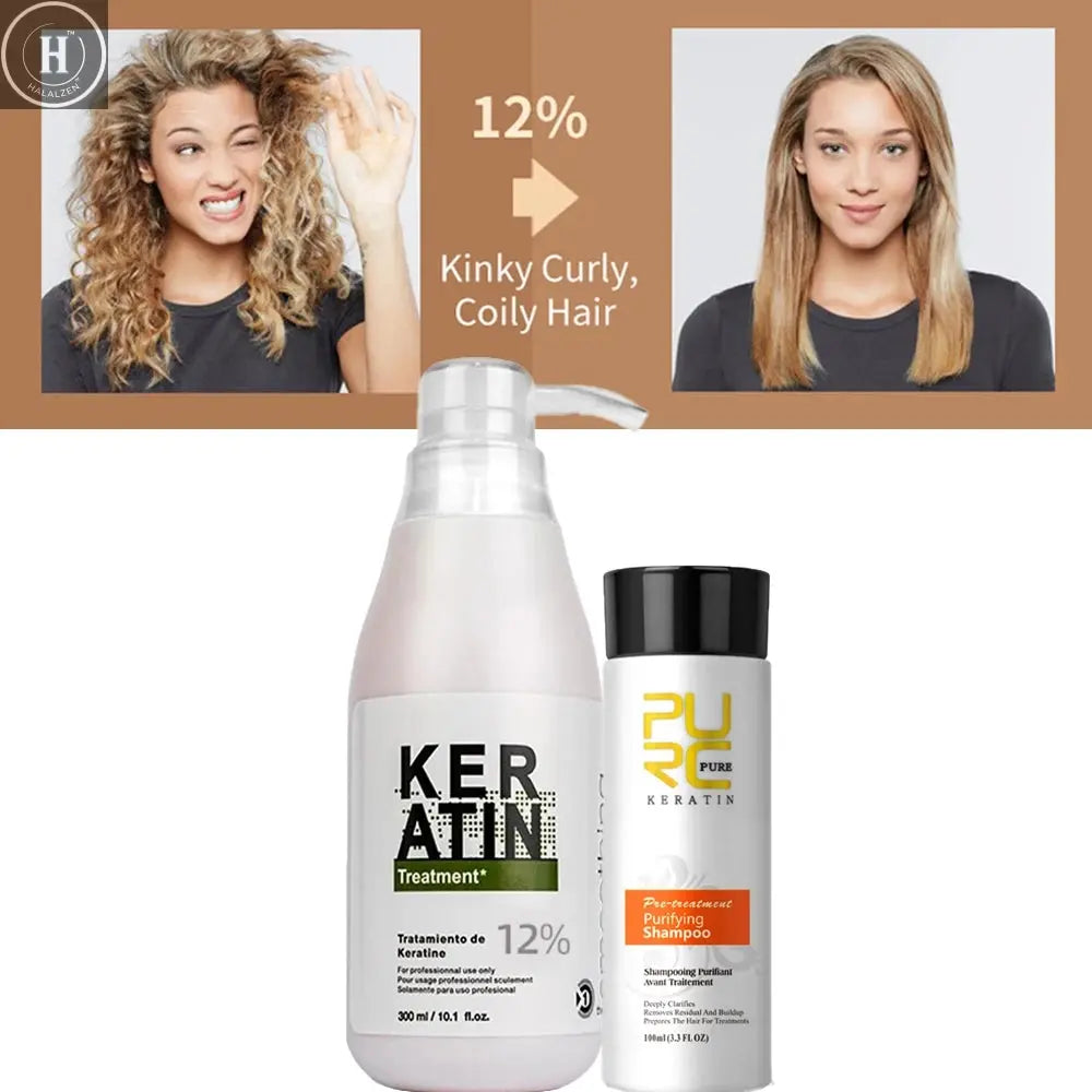 PURC 300ml Brazilian Keratin Hair Treatment & 100ml Purifying Shampoo Set Professional Straightening Repair Frizz Soft Hair Care HALALZEN