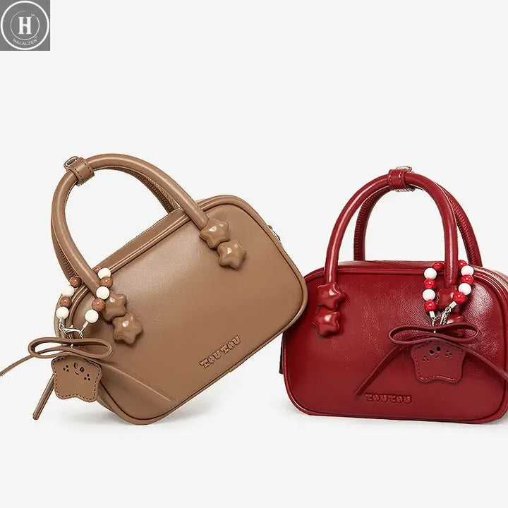 TOUTOU Brown Bowling Bag Y2K Retro Women's Crossbody Bag PU Leather boston bag Mini Handbag Solid Color Commuting Purse HALALZEN