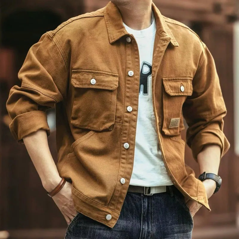Heavy Washed Denim Cargo Jackets For Man, Plus Size Men's Jeans Jackets, American Retro Lapel Workwear Coat Men