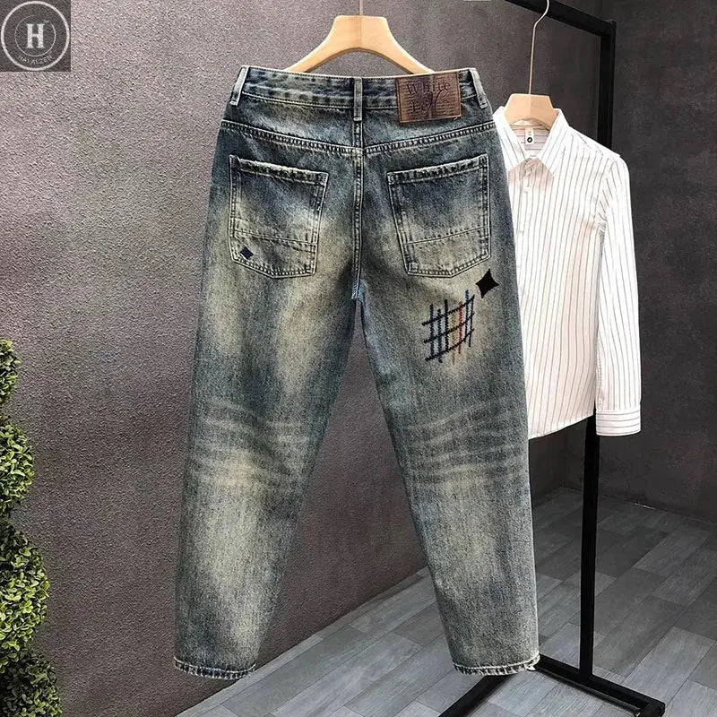Japanese And Korean New Retro Men'S Jeans Embroidered Print Tapered Jeans Straight Leg Jeans Y2k Baggy Pants Halalzen UK