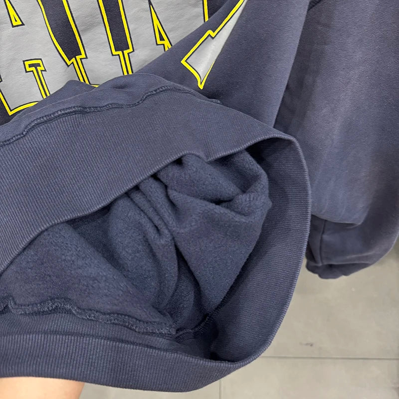 Retro Washed Saint High Quality Medal Print Blue Hoodies Pure Cotton Thicken Street Fashion Men Women Casual Suit