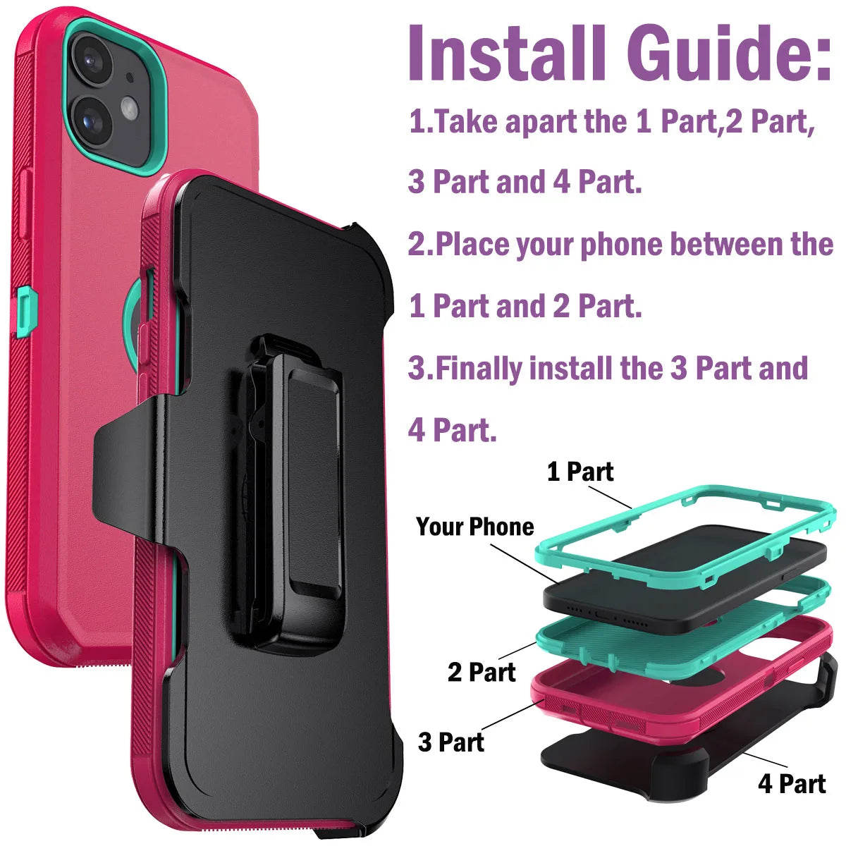 For iPhone 11/11 Pro/11 Pro Max Shockproof Phone Case Rugged Hybrid Heavy Duty Soft Protective Cover With Belt Clip