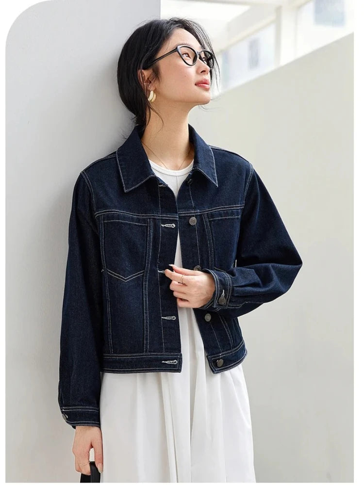 VIMLY Women's Vintage Denim Jacket 2025 Autumn Dark Indigo Jeans Jacket Woman Long Sleeve Loose Outerwears Ladies Clothes 73796