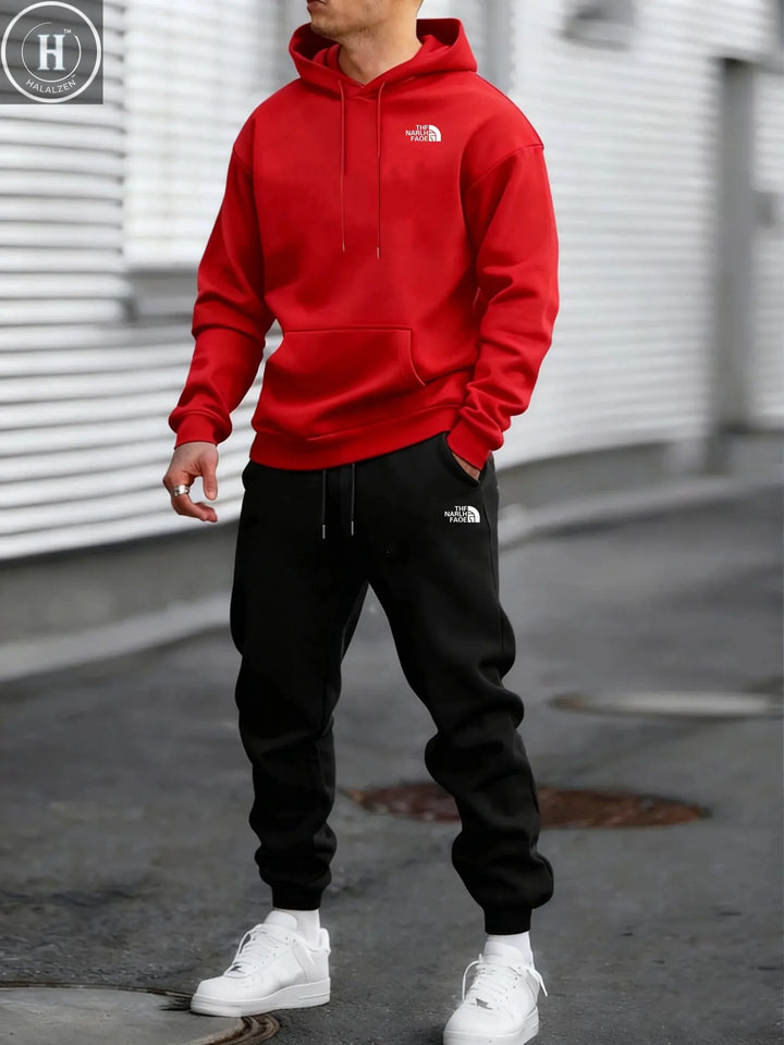 Men's Autumn and Winter Pattern Casual Two-Piece Set Hooded Sweatshirt and Pants with Pockets Regular Fit Outdoor Sport Suit HALALZEN