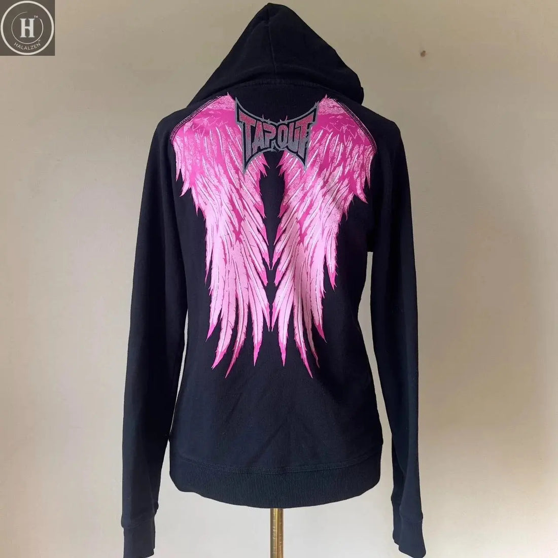 Y2K 2000s Tapout Pink & Black Grunge Angel Wings Spellout Zip Up Hoodie - Large HALALZEN