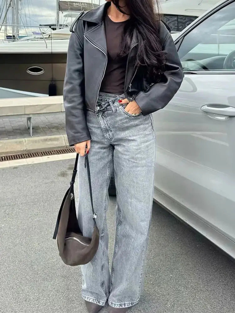 HH Women's Street Fashion Wide-leg Jeans Double-clad Pants With Pockets High Waist Solid Asymmetric Retro Straight Trousers Halalzen UK