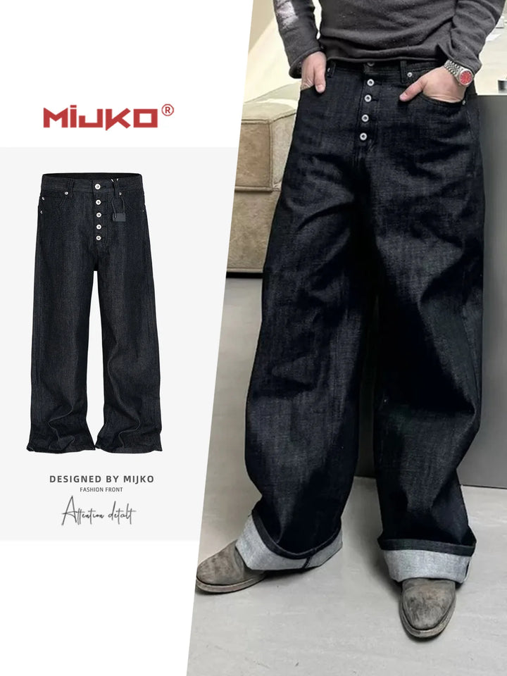 MIJKO High Street Cleanfit Drak Blue Jeans for Men and Women Straight Vintage Casual Denim Trousers ZJ089