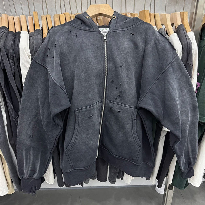 Vintage Series Saint High Quality Washed Hole Zipper Solid Color Hoodies Men Women Casual Fashion Streetwear