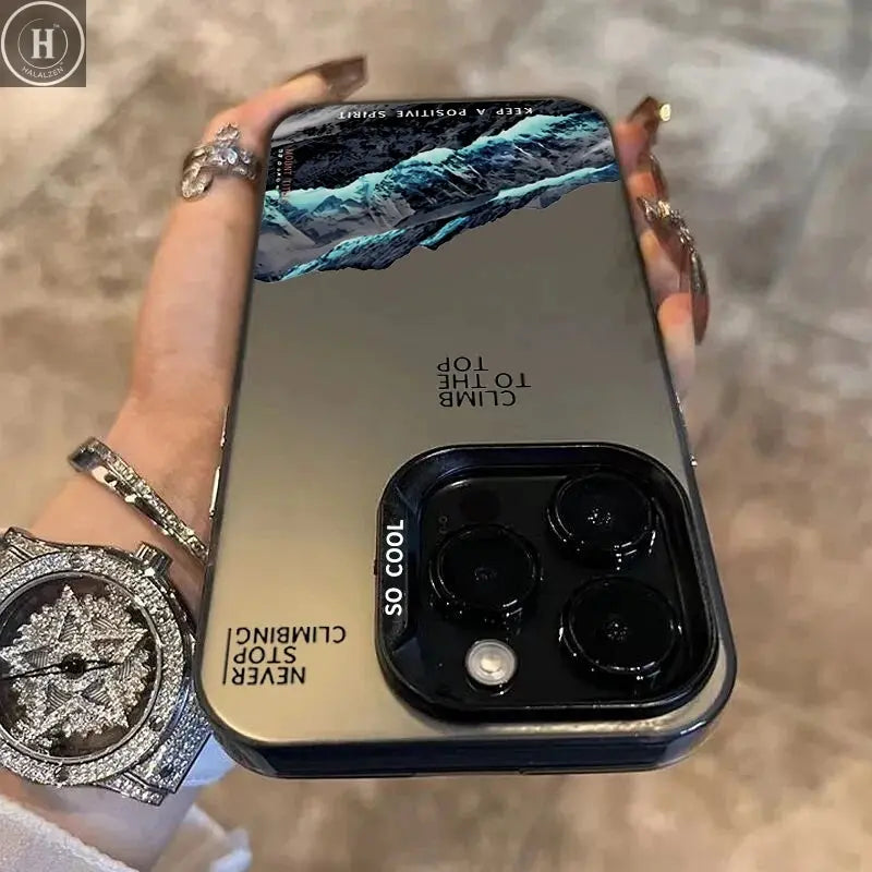 Snow Mountain Landscape Sunset Electroplate Silver Phone Case For iPhone 16 Pro 17 11 12 13 14 15 Pro Max Air 16E Back Cover Halalzen UK