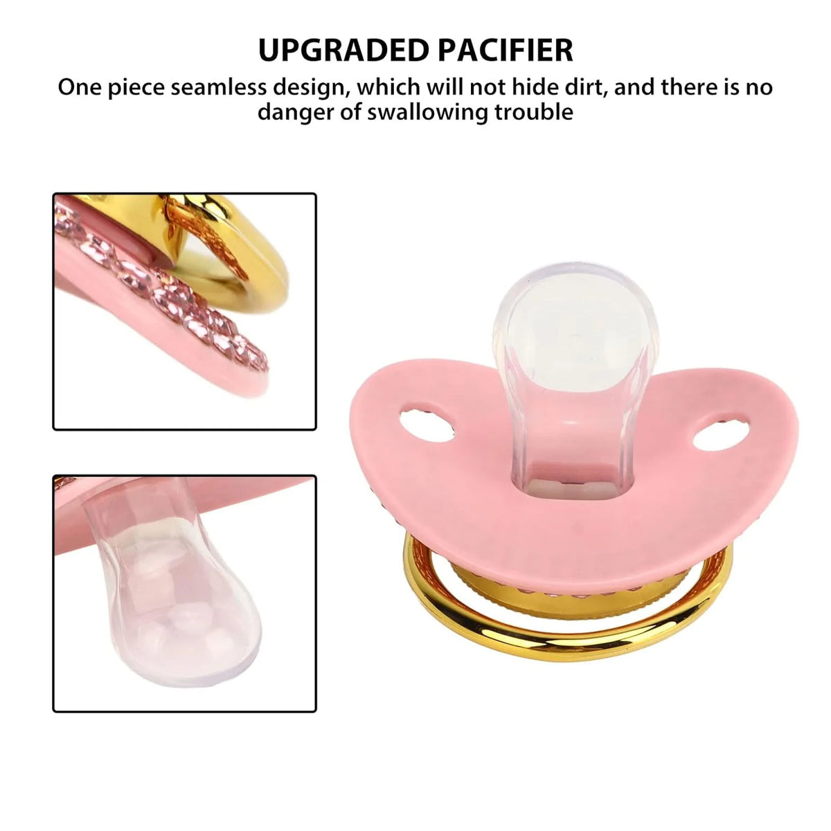 0-3-year-old baby girl pink luxurious diamond letter pacifier, with gemstone chain clip, dust cover, best baby gift, BPA free,