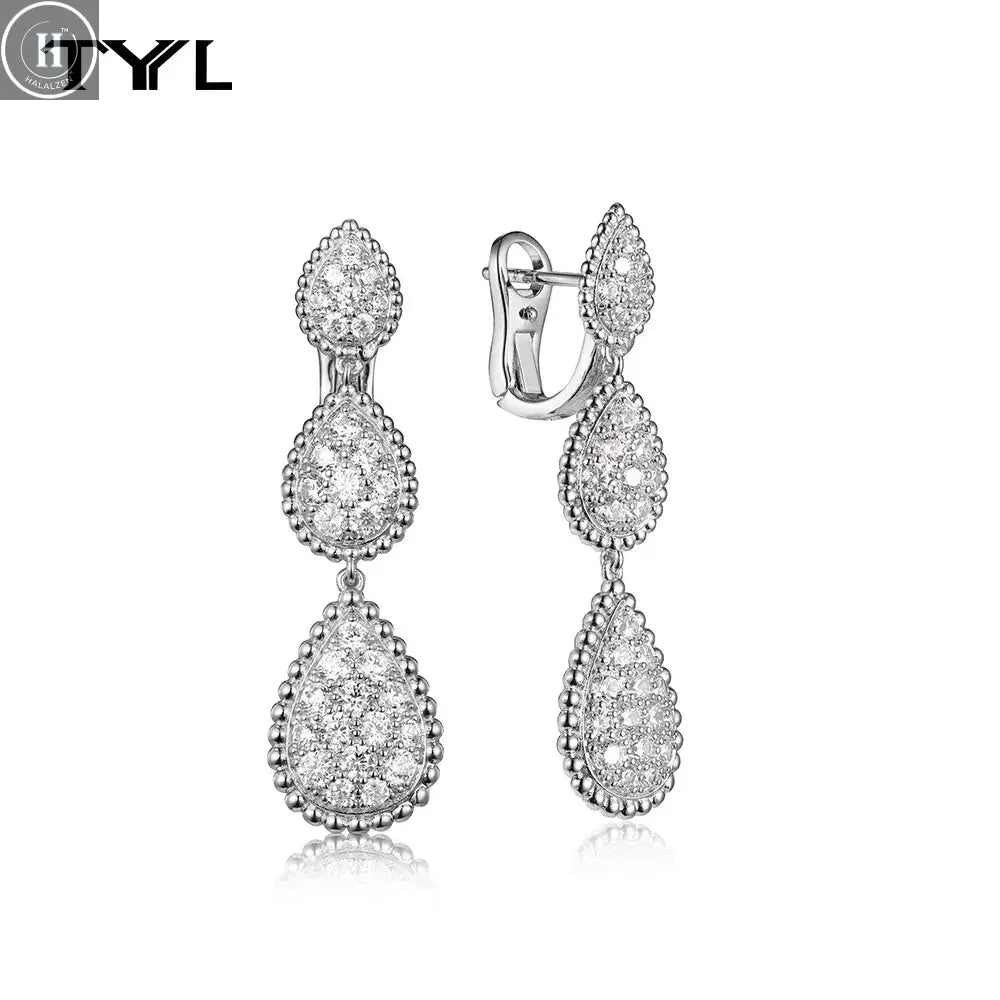 TYYL High Quality Classic 3 Water Drop Luxury Ear clip Drop Earrings Stud Party Wedding Long Earring Zircon Jewelry For Women HALALZEN