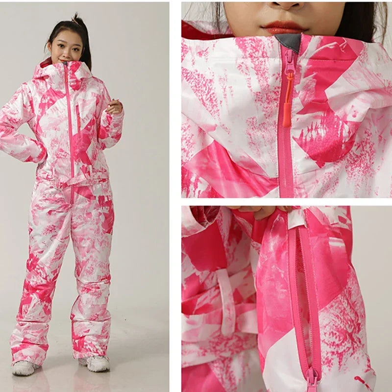 New One-Piece Ski Suits Women Outdoor Sports Snowboard Jacket Warm Jumpsuit Waterproof Winter Coveralls Sets Hooded Ski Jumpsuit