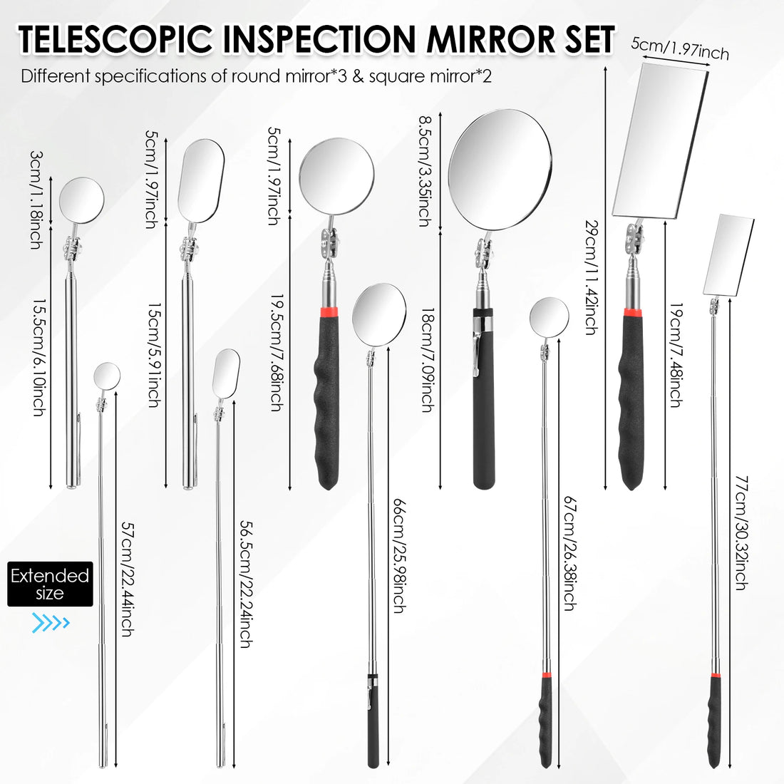 5Pcs 360° Inspection Mirror Adjust Telescoping Mirrors Extend Mechanic Tools Inspection Mirror Telescopic Handle Repairing Tools