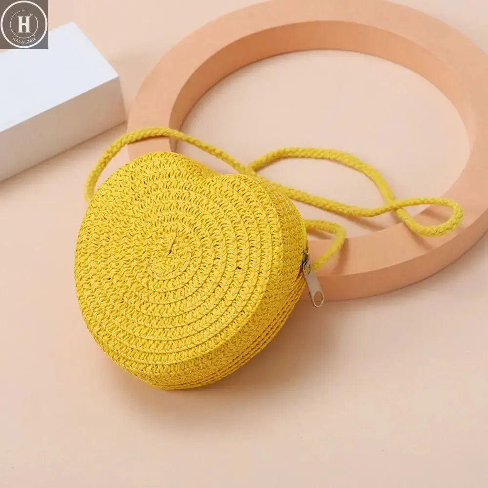 Children's Straw Shoulder Bags Beach Bag Coin Purse Kids Heart Shape Woven Crossbody Bag HALALZEN