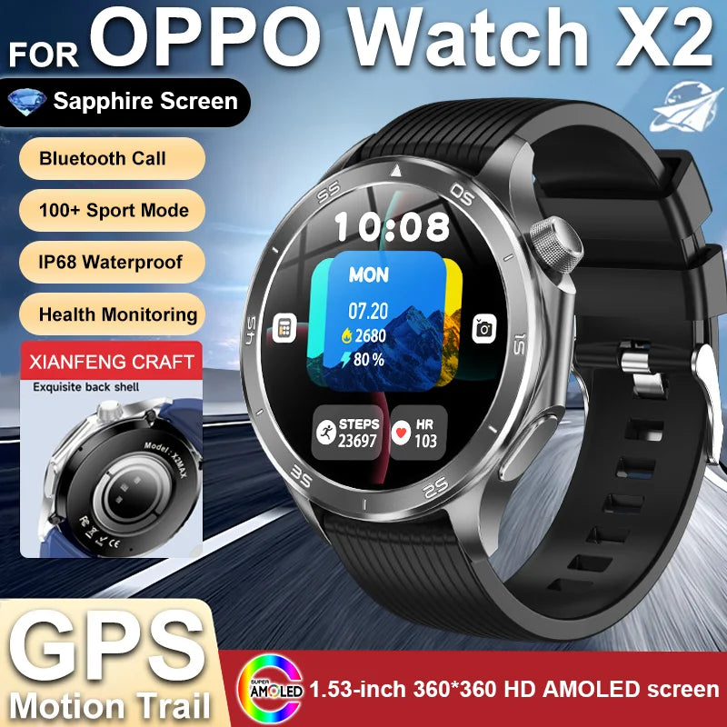 2025 New For OPPO Watch X2 GPS Smart Watch Men Bluetooth Talk Heart Rate Sports Fitness Tracker IP68 Waterproof Smartwatch Man