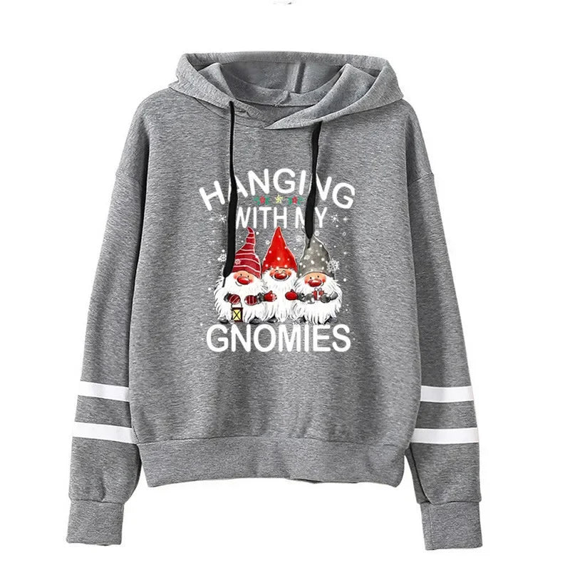 Christmas Floral Print Color Block Long Sleeve Hoodie Women's Knitted T-Shirt Full Sleeve Hooded Top