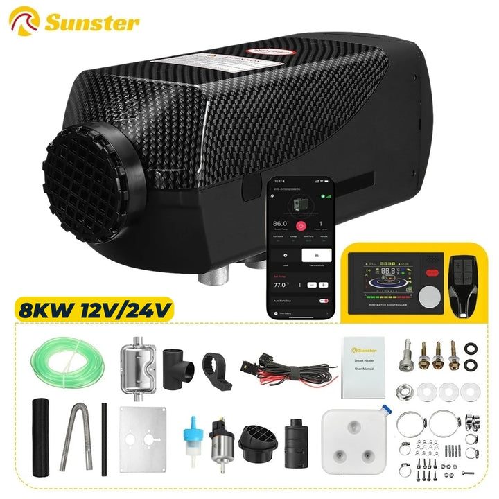 Sunster 12V 24V 8KW Diesel Air Heater Parking Heater Low noise Night Heater with LCD&Bluetooth APP Control For RV Car Truck Home