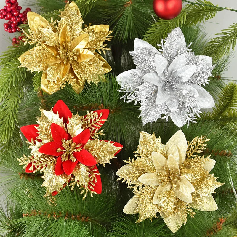 5/10Pcs 14cm Glitter Artificial Christmas Flowers Xmas Tree Ornaments Merry Christmas Decorations for Home New Year Gift Navidad