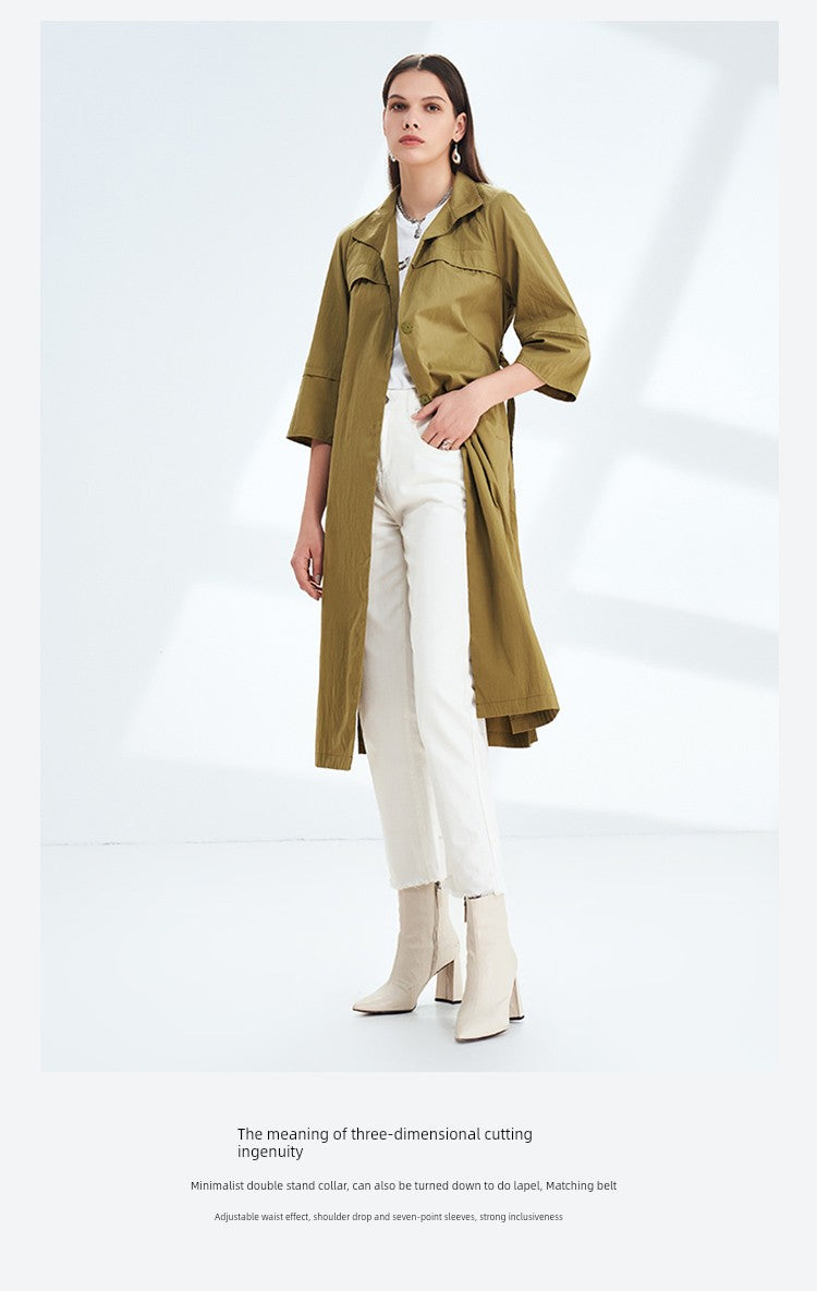 Canto Motto Fog Channel 2023 Spring New Green H-Type Drop Shoulder 3/4 Sleeve Mid Length Long Length Trench Coat Outwear