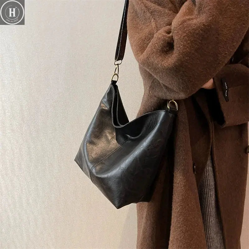Women Vintage PU Leather Shoulder Bag Large Capacity Hobo Tote Wide Strap Casual Crossbody Purse Daily Handbag Quality HALALZEN