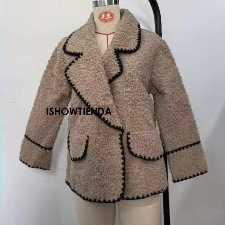 Autumn New Women's Coat Wear European And American Style Coat Casual Jackets One Piece Lamb Wool Contrast Color Plush Warm Jack