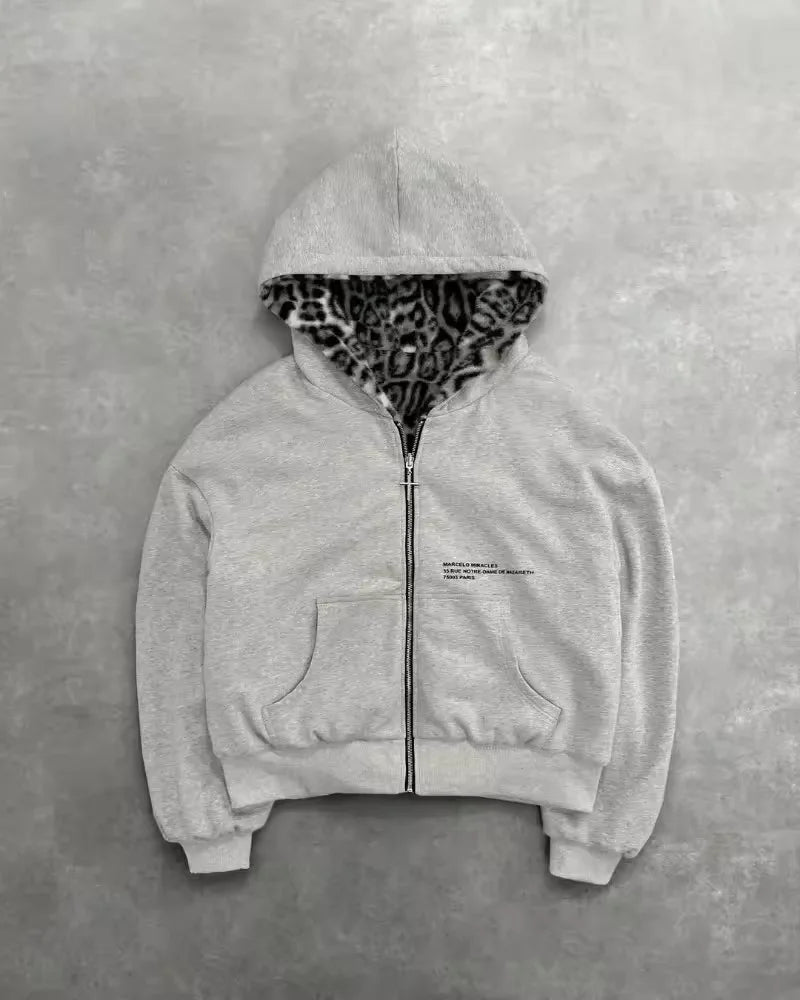 Y2k clothing Gothic leopard print double-sided oversized hoodie men's retro fashion loose zipper long sleeved sweatshirt