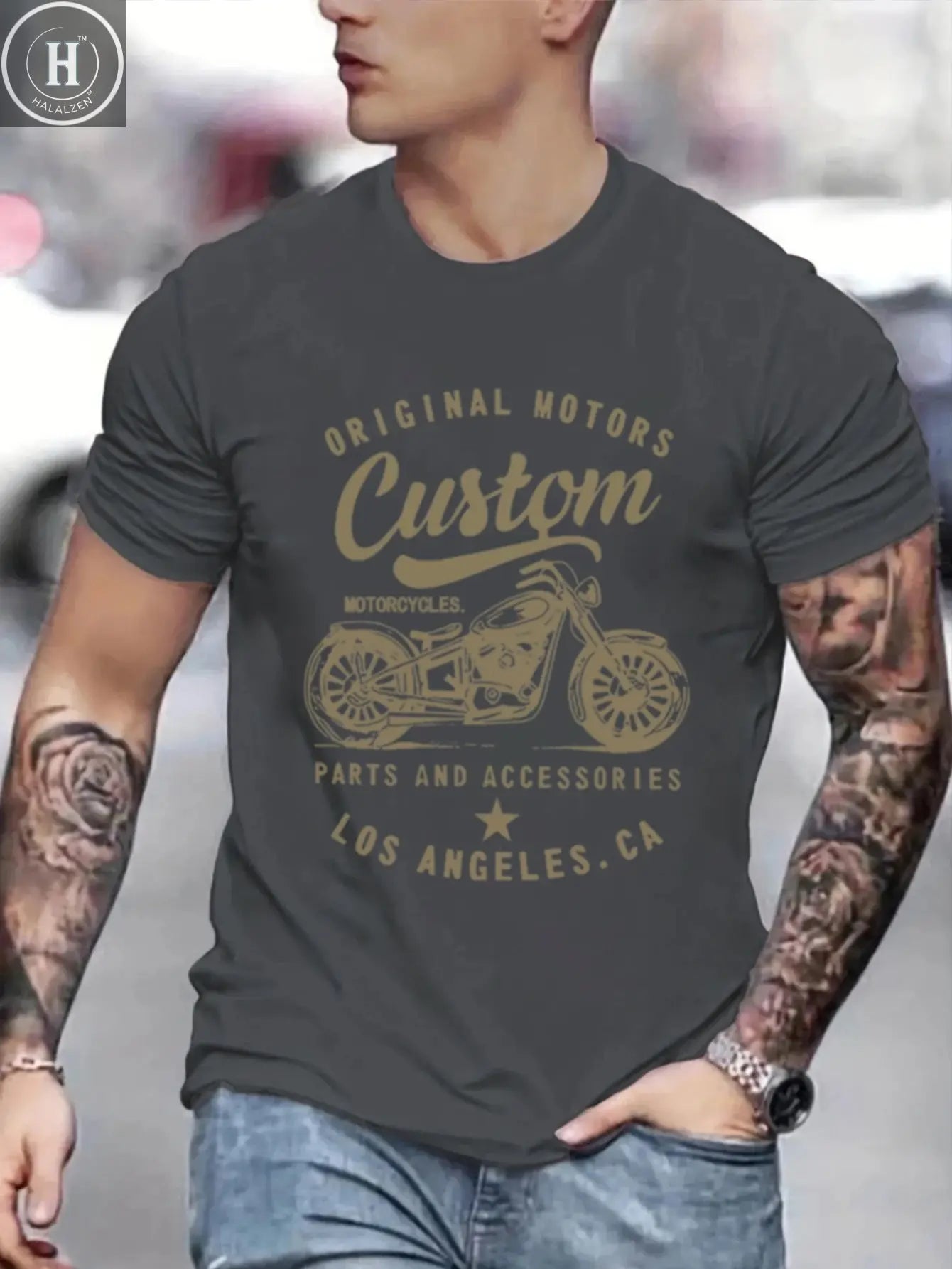 Men's 100% cotton fashionable casual loose oversized retro motorcycle pattern printed round neck short sleeved t-shirt HALALZEN