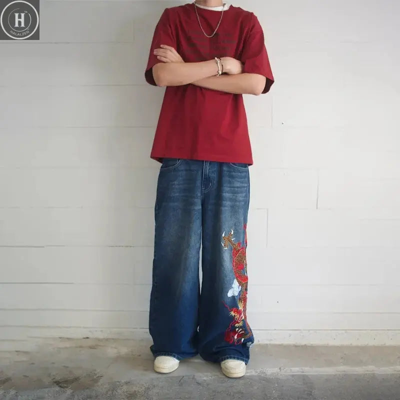 Dragon Graffiti Embroidery Dark Blue Loose Wide Leg Distressed Jeans Y2K High Waist Men Women Vintage Casual Daily Streetwear Halalzen UK