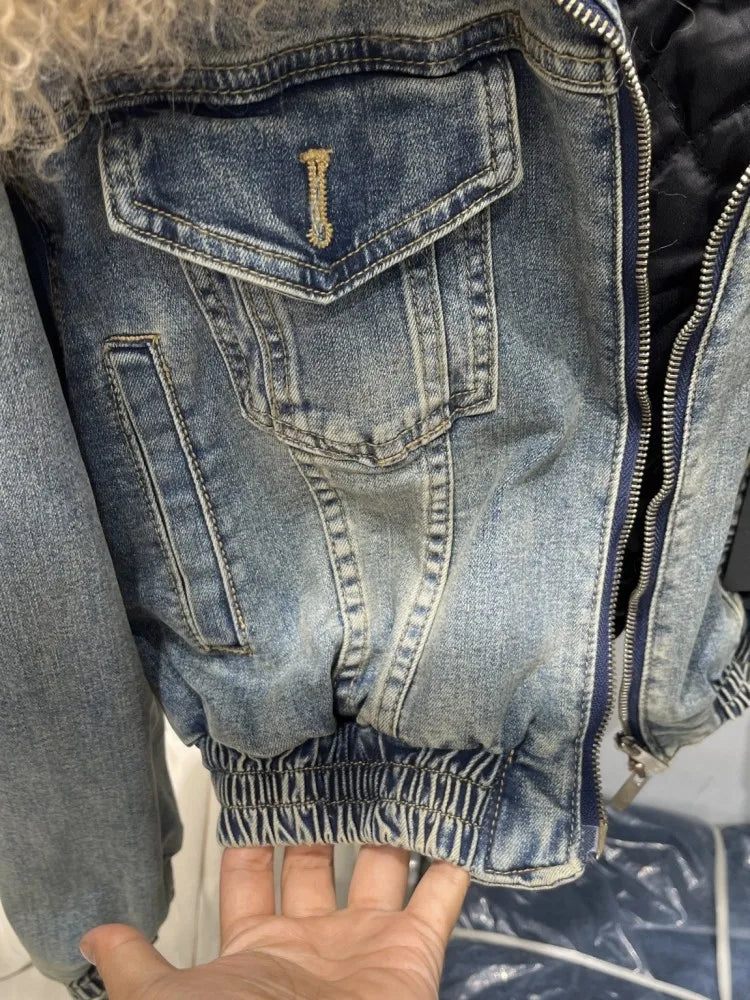 Women Vintage Denim Jacket Faux Fur Collar Autumn Winter Padded Liner Short Coat High Street Female Loose Fit Casual Outerwear