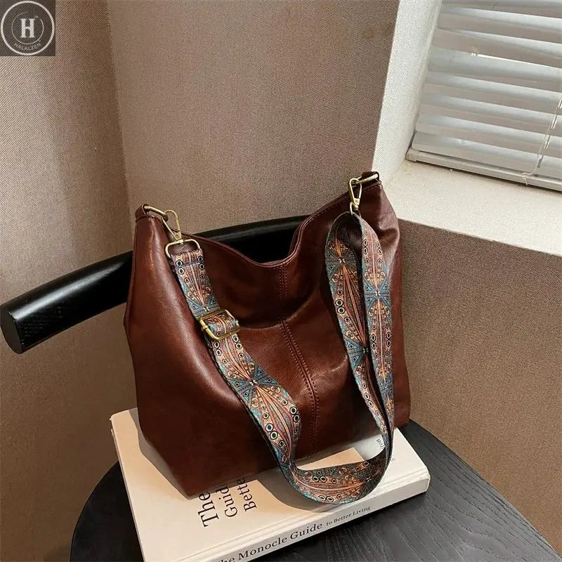 Women Vintage PU Leather Shoulder Bag Large Capacity Hobo Tote Wide Strap Casual Crossbody Purse Daily Handbag Quality HALALZEN