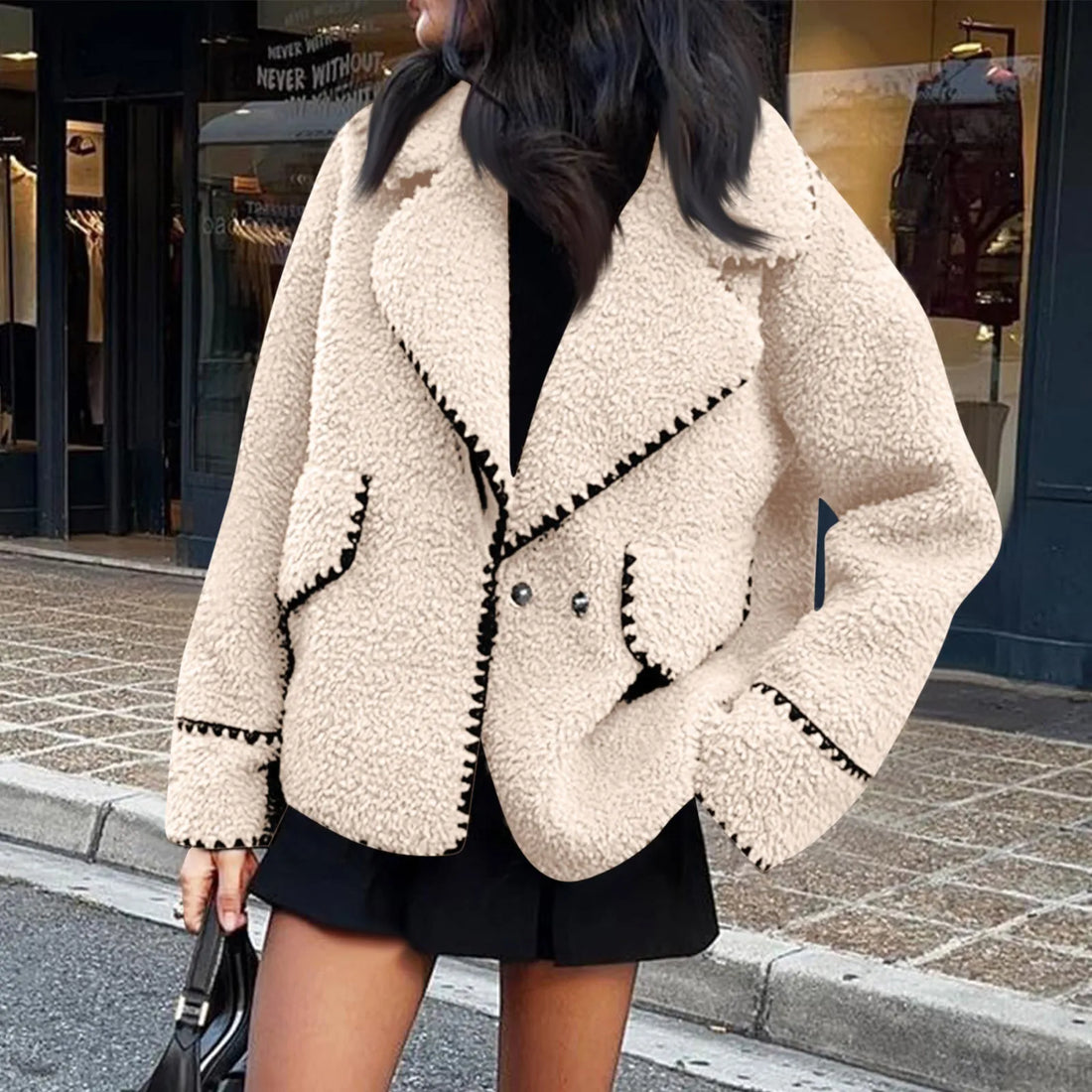 Autumn New Women's Coat Wear European And American Style Coat Casual Jackets One Piece Lamb Wool Contrast Color Plush Warm Jack