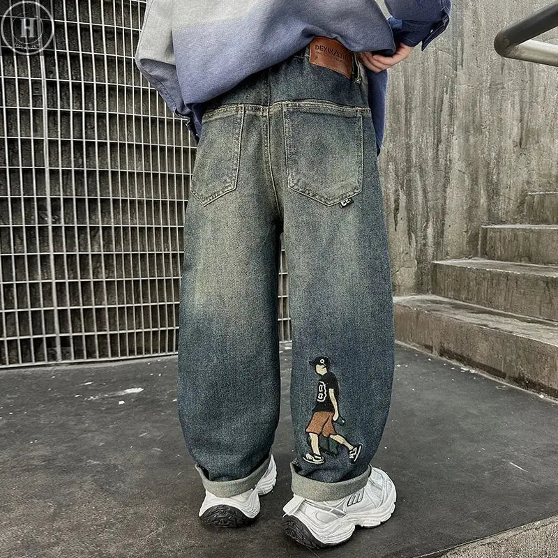 Big Boy Winter Insulated Cartoon Jeans For Kids Teenager Fleece Lined Denim Pants Children Wide Leg Thermal Jeans Trousers 5-14Y HALALZEN