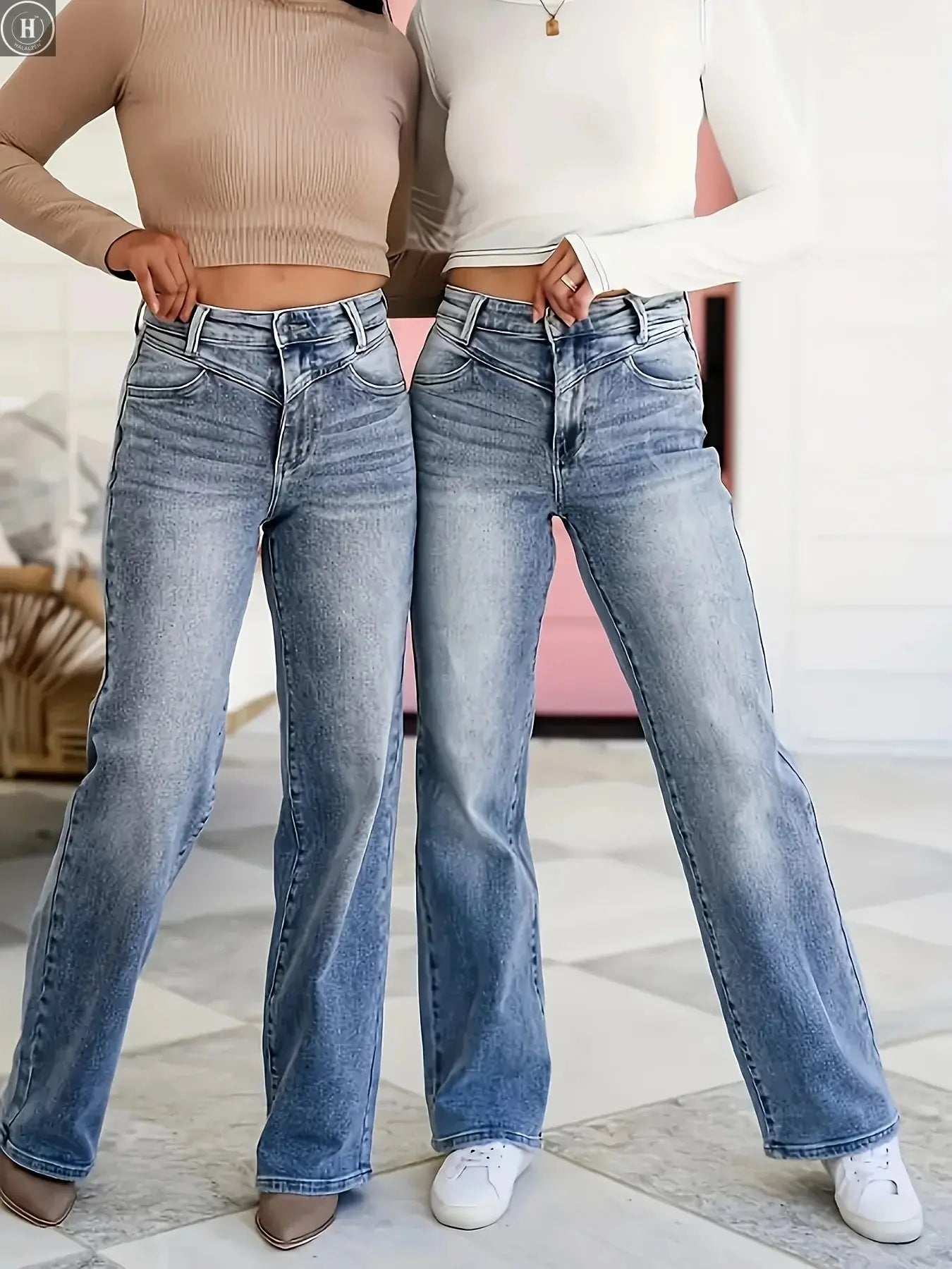 Women's Plus Size Straight Jeans - Summer Temperament Commuter Washed Plus Size Pocket Solid Color Elegant Jeans Halalzen UK