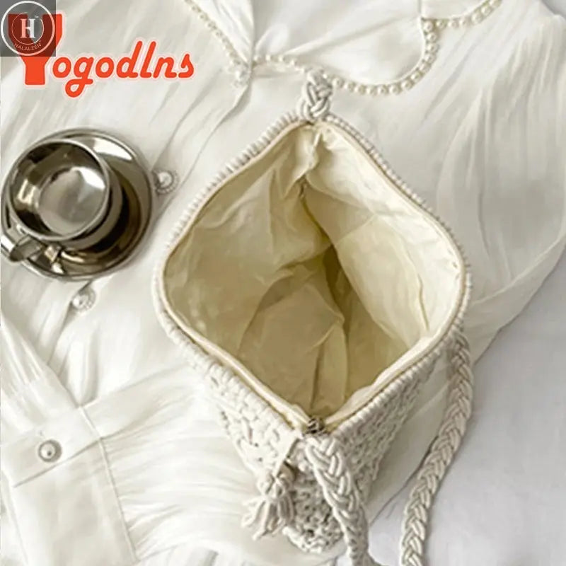 Summer Hollow Straw Bag For Women Tassel Decors Shoulder Messenger Bag Travel Beach Bag Daily Cotton Rope Crossbody Bag HALALZEN