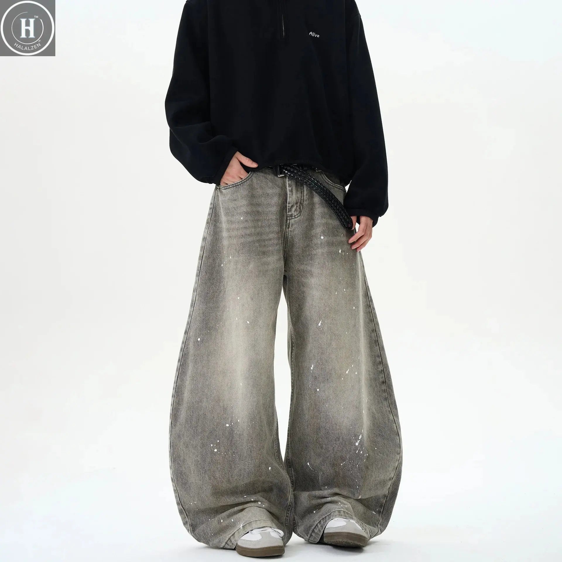 Retro Washed Distressed Grey Spray Ink Bent Knife Jeans Men's Casual American Street Loose Long Pants Straight Leg Jeans Halalzen UK