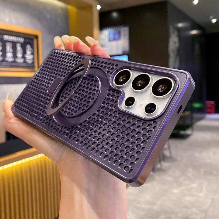 Magnetic Metal Fold Stand Heat Dissipation Phone Case for Samsung S25 S24 S23 Ultra FE S22 Plus 5G Luxury Protection Back Cover