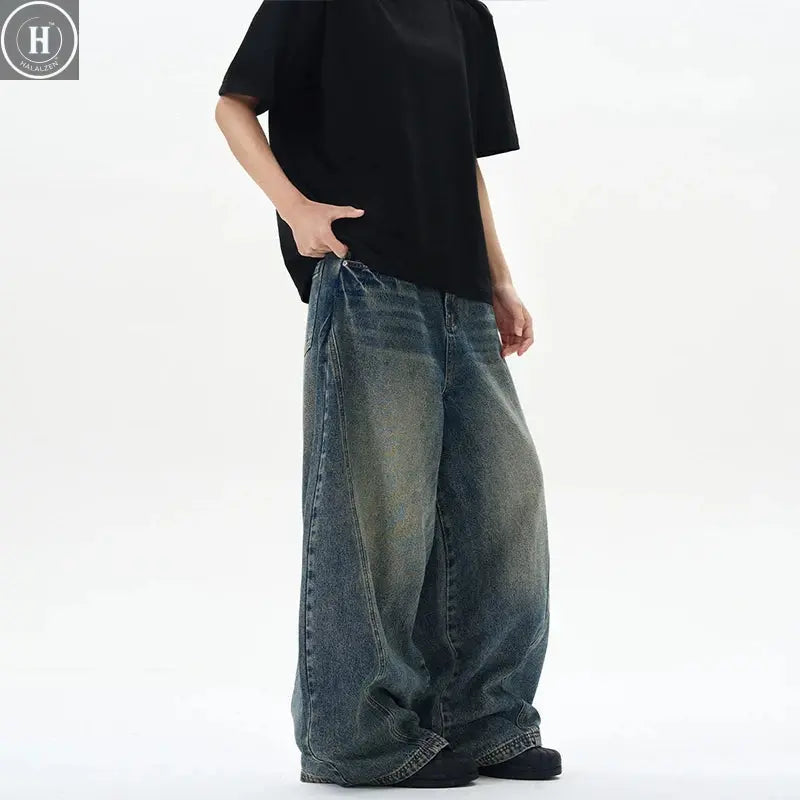 2025 Spring New Men's Jeans Oversized Wide Leg Pants Loose Vintage Patchwork Lightning Cracked Denim Trousers Streetwear Male HALALZEN