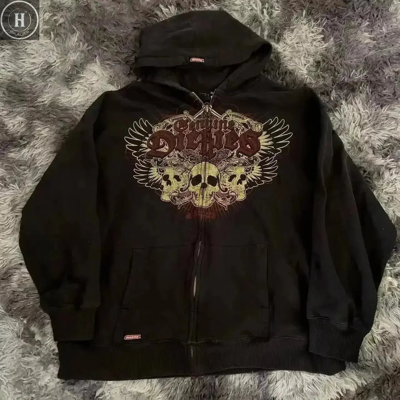 Y2K 2000s Tapout Pink & Black Grunge Angel Wings Spellout Zip Up Hoodie - Large HALALZEN