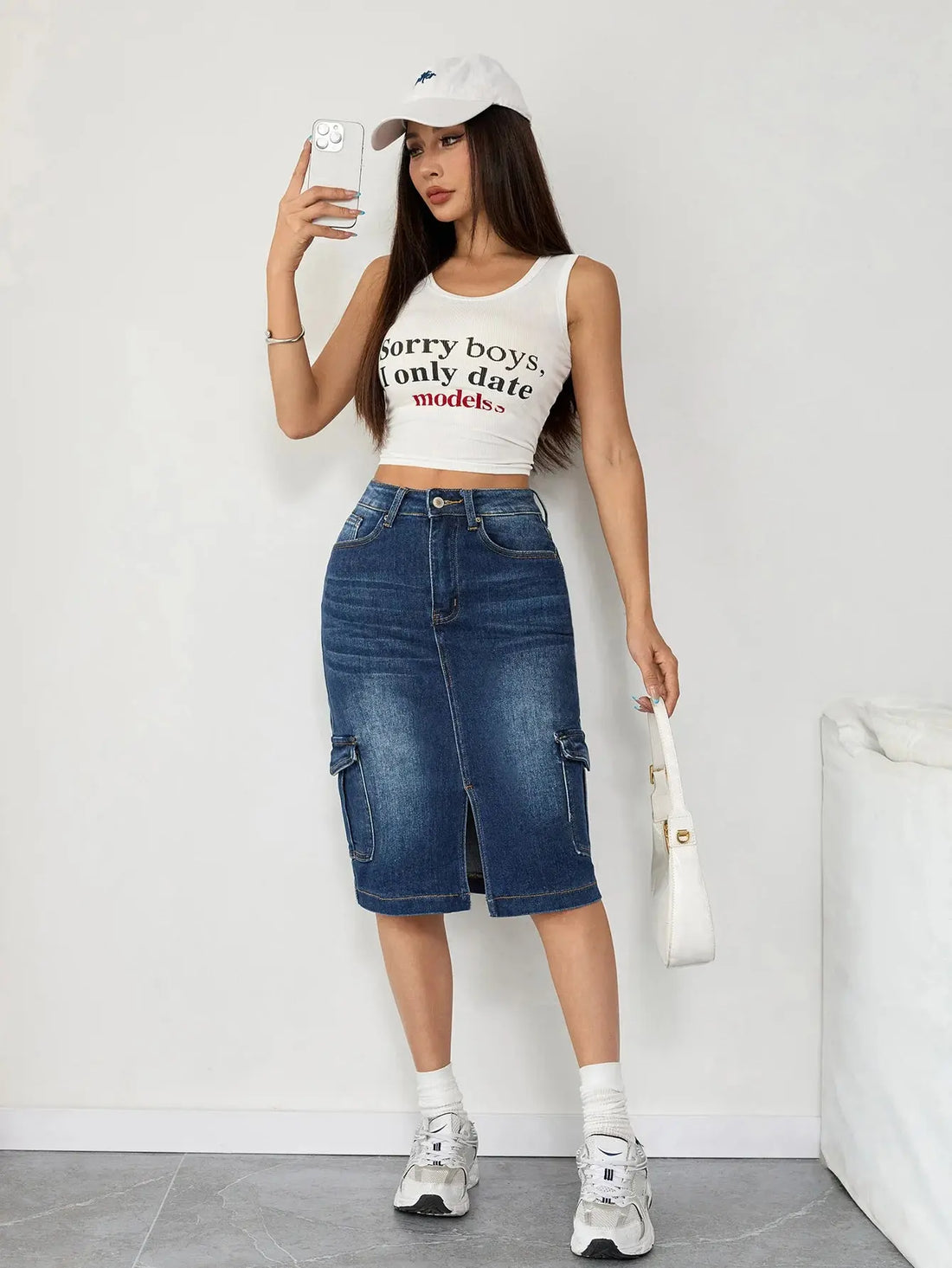 Trendy Plus Size Women's Denim Midi Skirt High Waist Cargo Jeans Pants Stylish Streetwear Halalzen UK