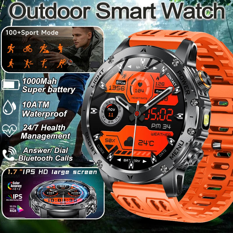 2026 New Military Smart Watch 1000Mah Battery Fitness Tracking 10ATM Waterproof Tactics Sport Flashlight call Bracelet For Men