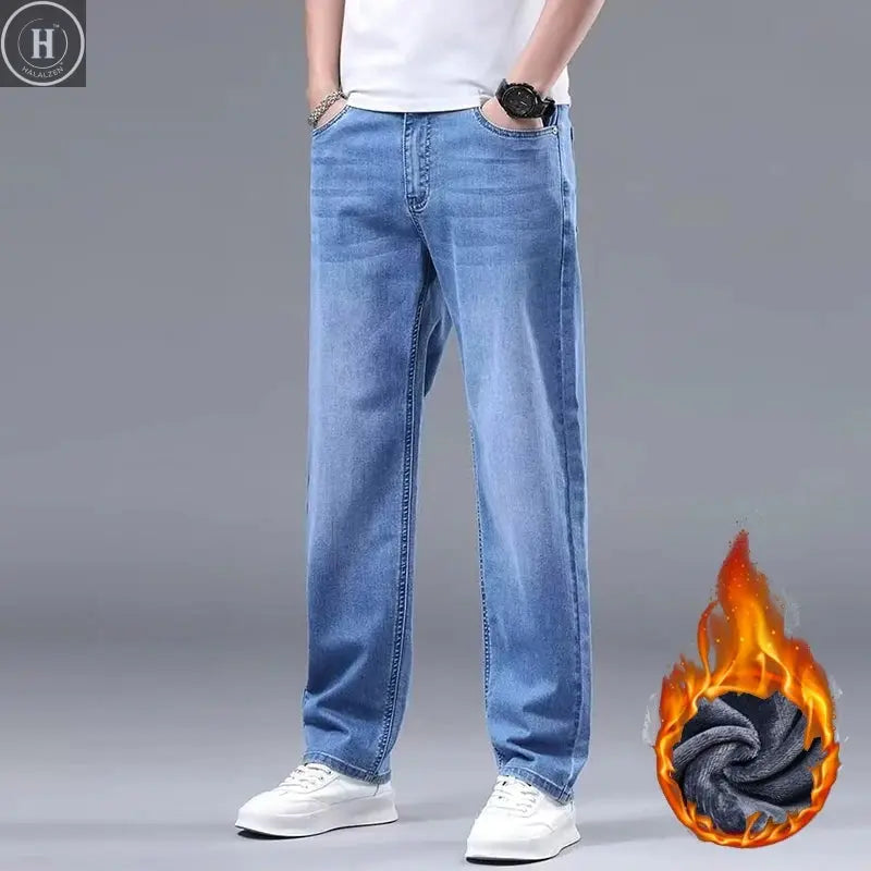Men New Fleece Lined Thickened Jeans Male Winter Loose Straight Slim Fit Denim Pants High End Casual Elasticity Trousers HALALZEN