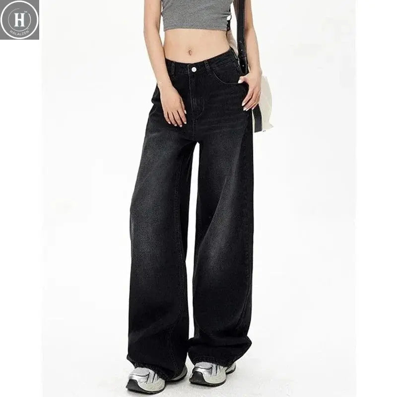 Lady Retro Black Gray High Waist Jeans Pants Women Fashion Straight Leg Denim Trousers Girls Loose Fit Thin Casual Pants Halalzen UK