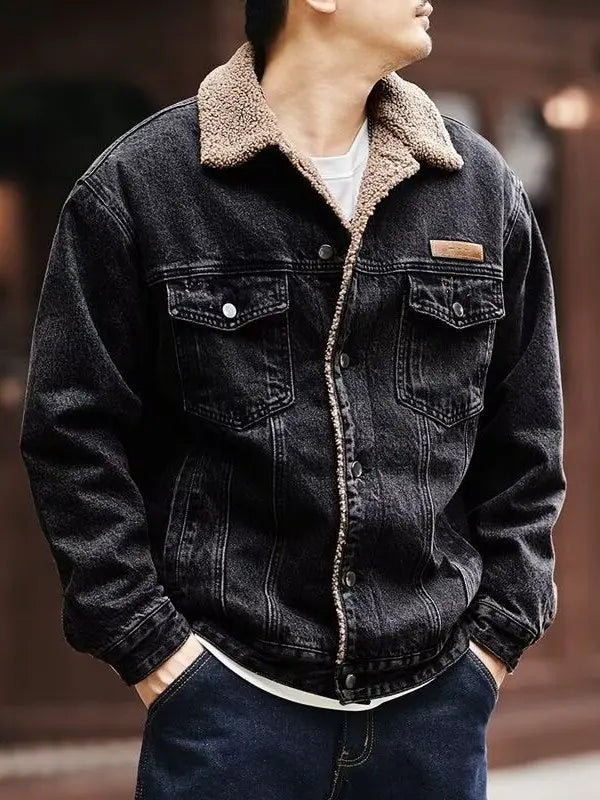 Men's Winter Thiened Lamb Velvet Cotton Jaet Casual Warm Workwear Denim Sle Coat with Inner Fce Collar Stand up Coat